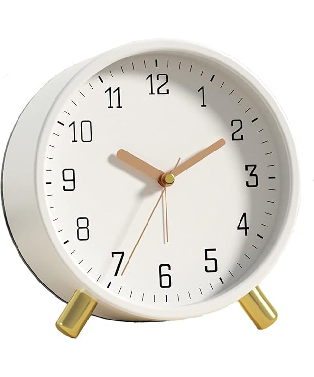 SHISEDECO Alarm Clock with Backlight, 4.5 inches Bedside Analog Non-Ticking Silent Small Deskclock with Arabic Numerals, Battery Operated Round Tableclock for Living Room, Bedroom (White)