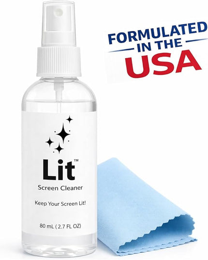 Lit Screen Cleaner Spray Kit (80 mL) + Microfiber Cloth — for Phone, iPad, Tablet, Laptop, Monitor, TV, Camera Lenses & Eyeglasses — Streak-Free, Alcohol-Free & Ammonia-Free, Travel Size