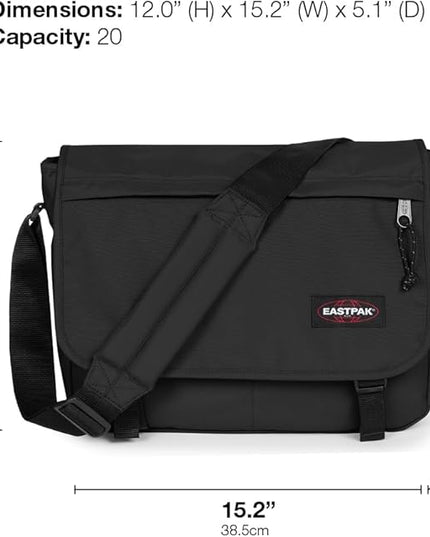 EASTPAK Delegate + – 20L Weatherproof Shoulder Bag with 17" Laptop Sleeve, Trolley Strap, Reflective Details, Adjustable Padded Strap, Tarp Black