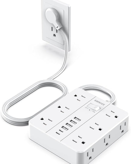 Power Strip Flat Plug with 12 Outlets 6 USB(2 USB C),SMNICE Surge Protector Charging Station with Overload Protection,5ft Extension Cord Widely Spaced Multiple Outlets for Home Office Dorm Essentials