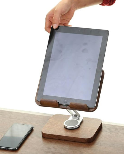 Adjustable Tablet Stand for Desk - Walnut Wood Portable Tablet Holder with Customizable Height & Angle, Sturdy Dock for iPad Pro/Air/Mini, Kindle, E-Reader, Phone & Small Laptops (Home/Office Use)