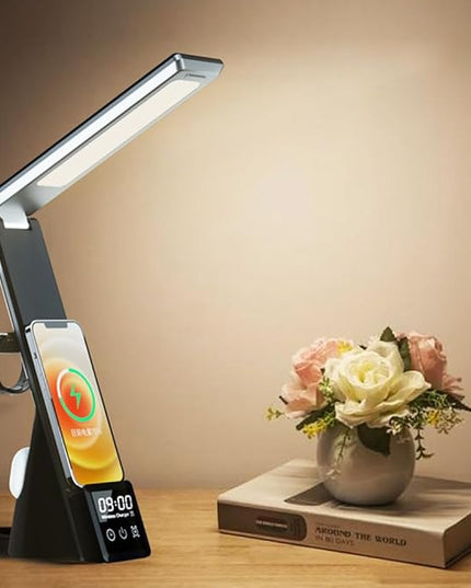 IHAO 6in1 Multifunctional Foldable LED Table Lamp with Wireless Charger Digital Alarm Clock Eye-Care Lighting 3 Color Modes 15W Qi Charger for Phone/Headphones, iWatch Charger Compatible-N61Black