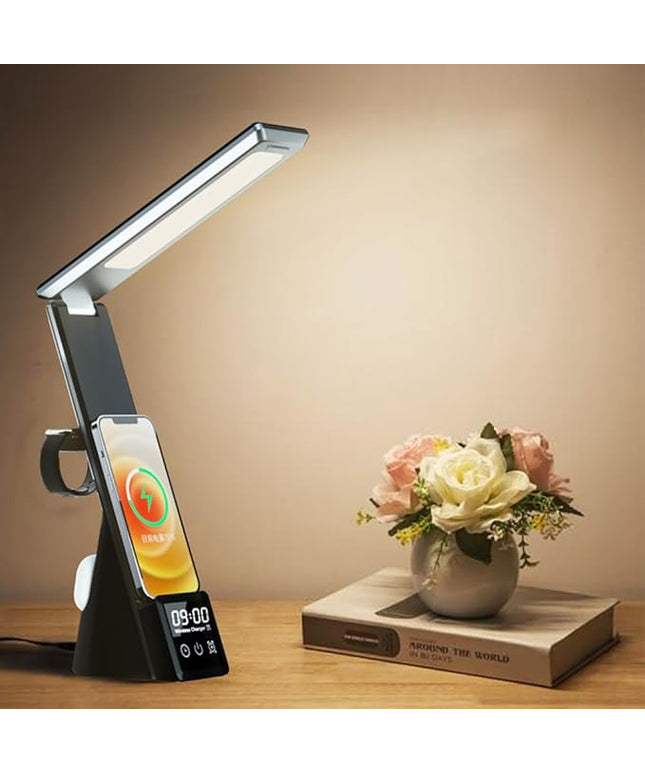 IHAO 6in1 Multifunctional Foldable LED Table Lamp with Wireless Charger Digital Alarm Clock Eye-Care Lighting 3 Color Modes 15W Qi Charger for Phone/Headphones, iWatch Charger Compatible-N61Black
