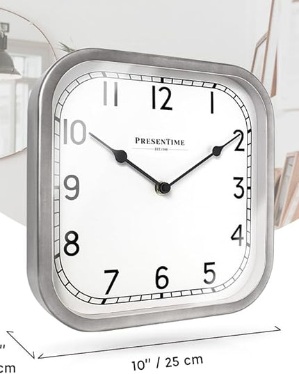 Presentime & Co 10" Anton Vintage Square Clock, Silent No Ticking, Wall & Mantel 2 in 1, Desk and Shelf Clock, Tabletop Décor, Modern Silver Color
