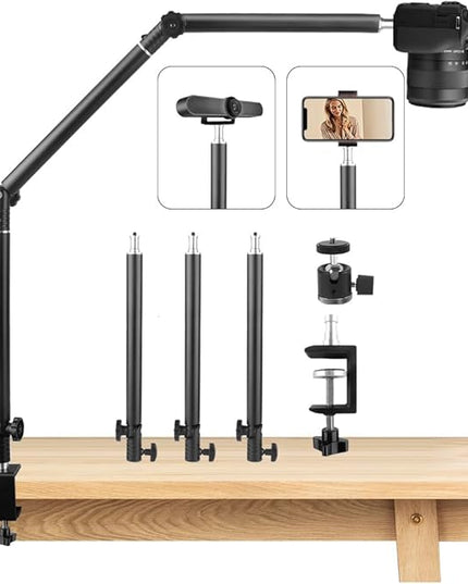 Heavy Duty Overhead Camera Desk Mount Stand 14.5"-41" with 1/4" Screw, 3-Section 360°Rotatable Detachable Articulating Boom Arm with Enlarged Handle C Clamp, Tabletop Light Stand for Streaming Vlog