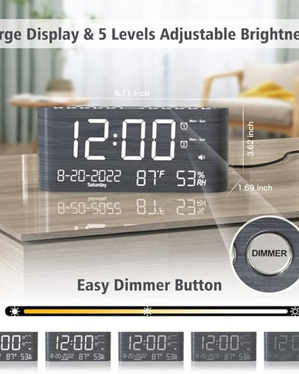 Mesqool Digital Alarm Clock, with Calendar Temperature and Humidity, Loud Volume, Dual Alarm, USB and Type-C Charging Ports, Dimmer, 12/24H, Snooze, Stylish Wood Grain Pattern Digital Clock for Décor