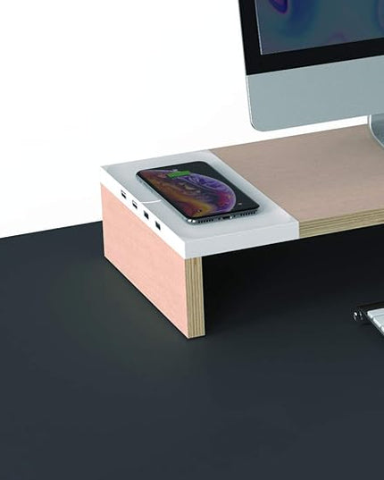 POUT E9 Dual Monitor Stand with Drawer - Wireless Charger and USB Hub (Maple White)