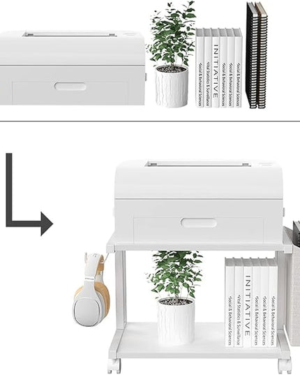VEDECASA 2 Tier Modern White Wooden Under Desk Printer Stand with Storage Bag for Home Office Desktop Printer Table Organizer Mobile Printer Shelf Cart with Caster Wheel (White)