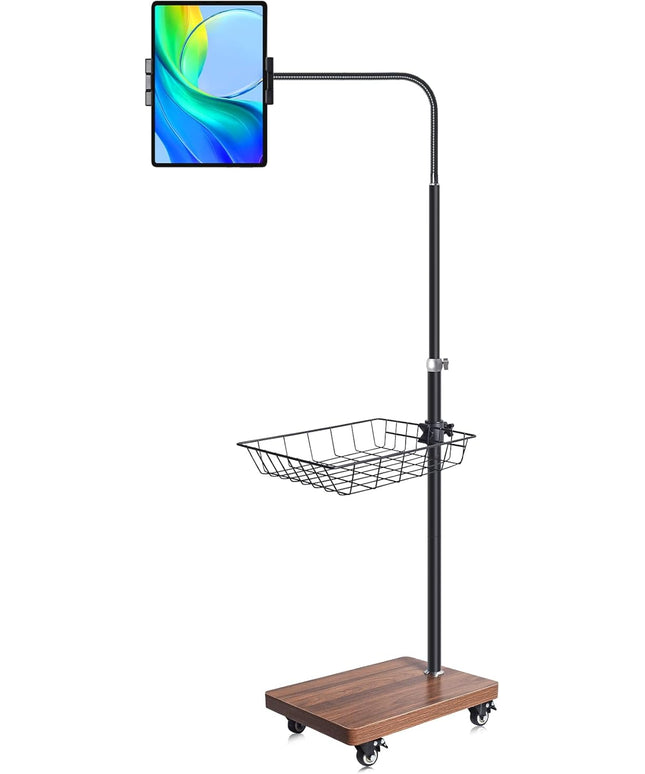 wishacc Adjustable Floor Tablet Stand with Rolling Base, Flexible Gooseneck Mount, Wood Platform, Mobile Device Holder for Indoor Use