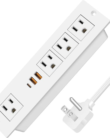 VILONG Flat Plug Recessed Power Strip with PD 20W USB-C, Flush Mounted Drawer Outlet, 4 AC Outlets & 3 USB Ports, Conference Desktop Built in Power Strip, 10FT Extension Cord(White)