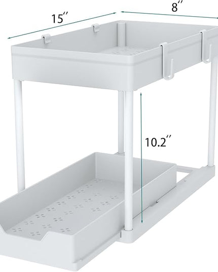 DEKAVA Cabinet, 2 Pack Under Sink Organizer, 2 Tier Sliding Bathroom Kitchen Organizer, Large White ABS Baskets, Easy Install & Clean