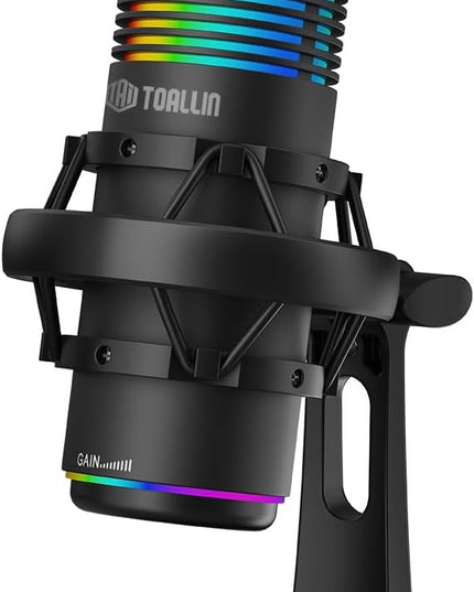 TOALLIN CM20P - USB Condenser Microphone with RGB Lights for Gaming/Streaming/Podcasting/Recording, 192kHz/24Bit, Noise Canceling & Volume Adjustable, Compatibles with Laptop/PC/Tablet/Phone, Black