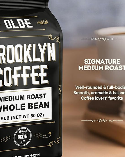 BROOKLYN COFFEE Whole Bean, Classic Medium Roast (5lb) Balanced, Smooth, Mellow - Fresh Bulk Coffee Beans Roasted Weekly in NYC