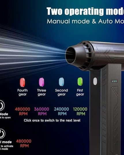 Compressed Air Duster 480000RPM Electric Air Duster Variable Speed 580G 4 Gear Adjustable Rechargeable Cordless Jet Dry Blower Turbo Fan Dryer Cleaning Air Blower Mini Car Vacuum Cleaner Black Knight