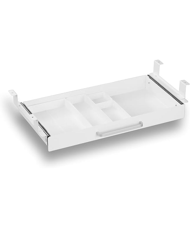 OSteed Under Desk Drawer White 21" with 4 Divider Trays, Under Shelf Pencil Drawer Pull-out, Standing Desk Metal Storage Attachment Slide Out for Workbench