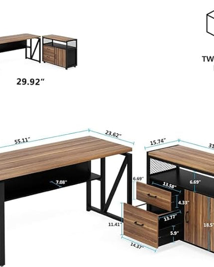 Tribesigns 55" Executive Desk with Reversible File Cabinet, Large L-Shaped Office Desk with Drawers, Business Furniture Workstation for Home Office (Dark Walnut, 55-inch)