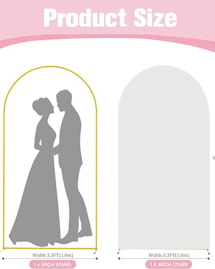 6.6FT Arch Backdrop Stand and Arch Cover Set, Gold Metal Arch Stand Backdrop with White Arch Stand Cover Ideal for Weddings, Birthday Parties, Baby Showers, Celebration Decorations