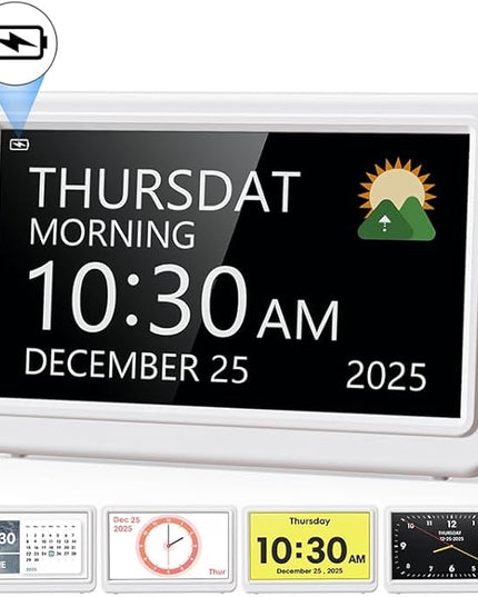 Digital Clock with Date and Day of Week, Dementia Clocks Battery Operated Alarm Clock with 20 Alarms and Medicine Reminders, 7" Large Display Rechargeable Desk Clock for Elderly Seniors Alzheimers