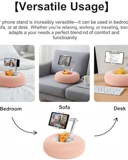 Fuzzy Pillow Phone Holder with Snack Bowl, Adjustable 360° Rotating Magnetic Stand for Phone/Tablet/Kindle iPad, Soft Plush Fabric, Detachable Snack Bowl for Reading for Bed (Upgraded Green)