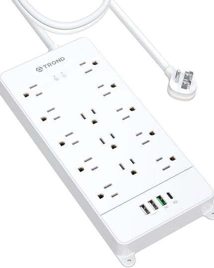 TROND Surge Protector Power Strip 10 ft, Flat Plug Long Extension Cord, 13 Wide Spaced Outlets, 4000 Joules, 32W Quick Charge 3.0 & USB C, Wall Mount, Under Desk, Heavy Duty, ETL Listed, White