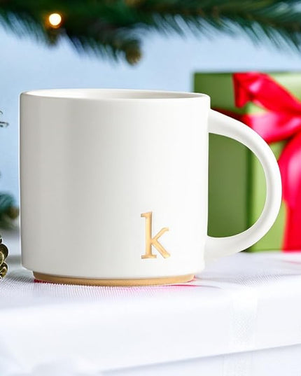 COLLECTIVE HOME - Monogram Ceramic Mugs, 15 oz Golden Initial Coffee Cups, Elegant Alphabet Tea Mugs, Elegant Personalized Mug with Gift Box, Luxurious Cups for Office and Home (k)