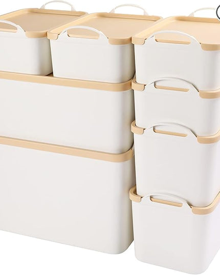ANMINY 8PCS All-in-One Lidded Plastic Storage Bins Set White Desk Basket Box Drawer Organizer Kitchen Food Container with Handles Removable Lids Decorative Clothes Laundry Closet Cabinet Shelf Cube