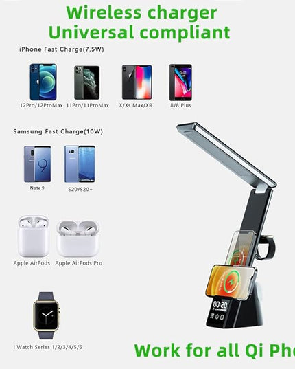IHAO 6in1 Multifunctional Foldable LED Table Lamp with Wireless Charger Digital Alarm Clock Eye-Care Lighting 3 Color Modes 15W Qi Charger for Phone/Headphones, iWatch Charger Compatible-N61Black