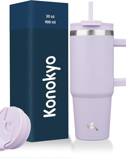 30 oz Tumbler with Handle and 2 Straws,2 in 1 Lid Insulated Water Bottle Stainless Steel Travel Coffee Mug,Wisteria