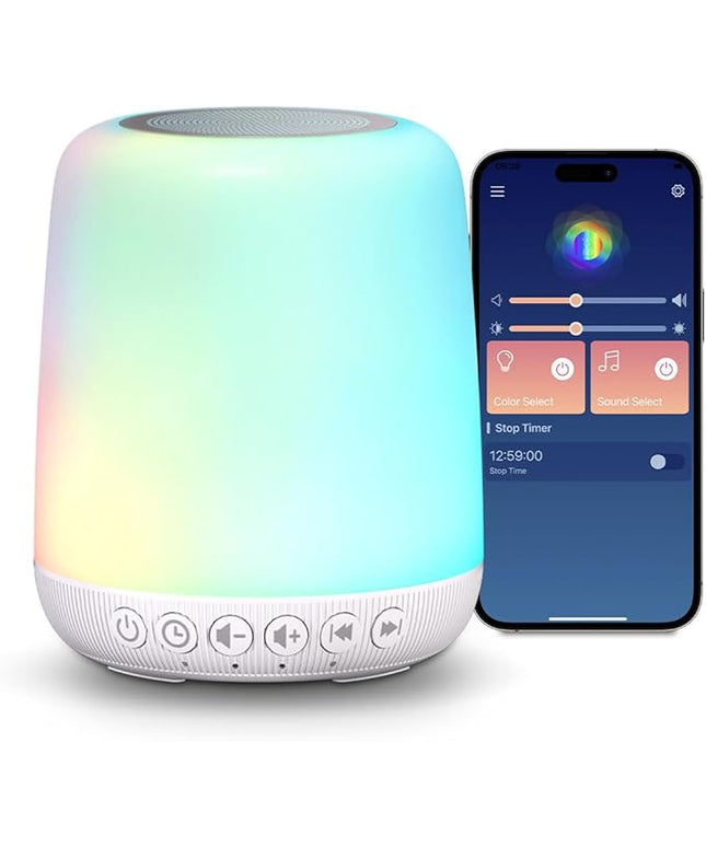 White Noise Sound Machine for Sleep Portable Sound Machine with 30 Soothing Sounds 12 Night Light Colors 4 Timer Sleep Machine for Baby Adults, Smart App Control, Touch Control