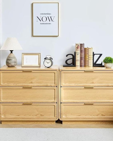 Modern Nightstand Set of 2 for Bedroom, 26'' Wide Wood 3 Drawers Bedside Table, Large Dresser w/Curved Profile Design, Side Table, End Table with Storage Drawers for Living Room, Entryway, Natural