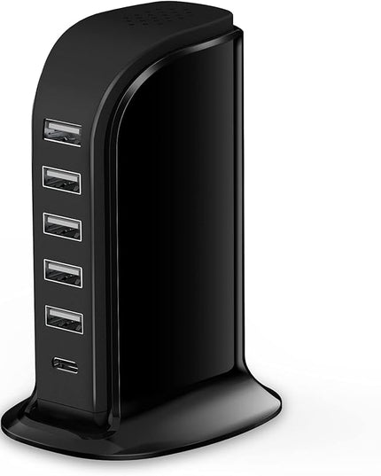 Charger Block 6 in 1 Upoy, 40W USB C Charger 3A, Charging Hub with 5 USB Ports(Shared 6A) for Multiple Electronics, USB Charging Station Multiports, Universal Desktop Phone Charger Travel Ready, Black