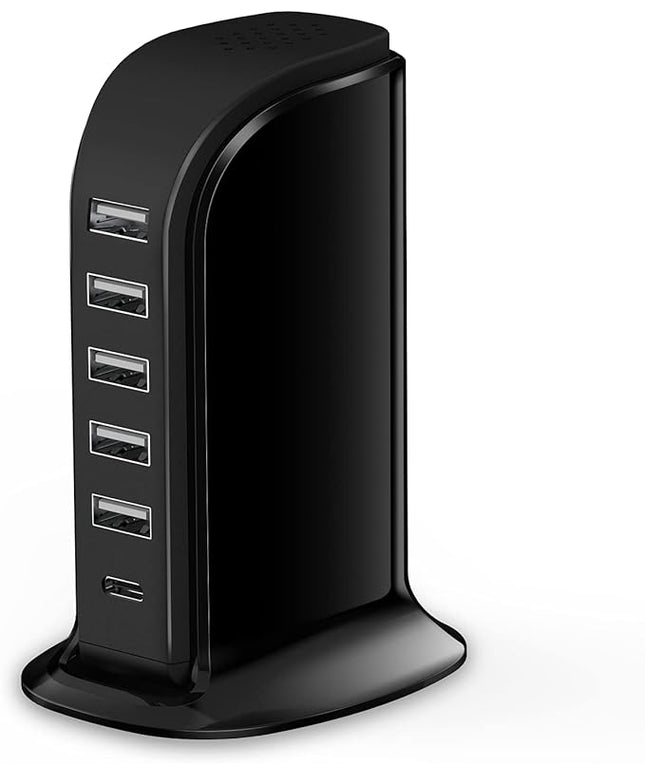 Charger Block 6 in 1 Upoy, 40W USB C Charger 3A, Charging Hub with 5 USB Ports(Shared 6A) for Multiple Electronics, USB Charging Station Multiports, Universal Desktop Phone Charger Travel Ready, Black