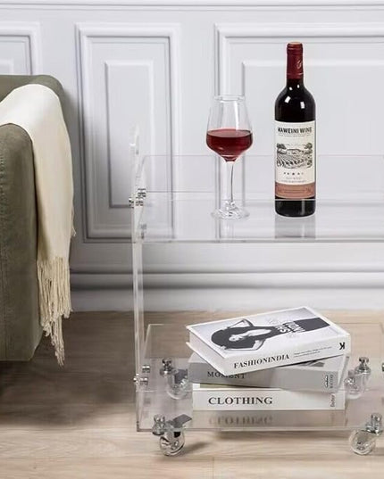 Clear Acrylic 2-Tier Rolling Cart – Modern Side Table with Wheels, Multi-Functional Storage Cart for Living Room & Bedroom, Mobile End Table or Movable Bedside Organizer