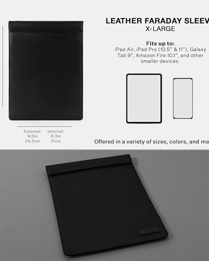 SLNT Faraday Bag Leather Tablet Sleeve with Silent Pocket - Signal Blocking Device Shielding for iPad, Samsung Galaxy Tab, Most Tablets, Travel, Privacy (Black Leather, X-Large)