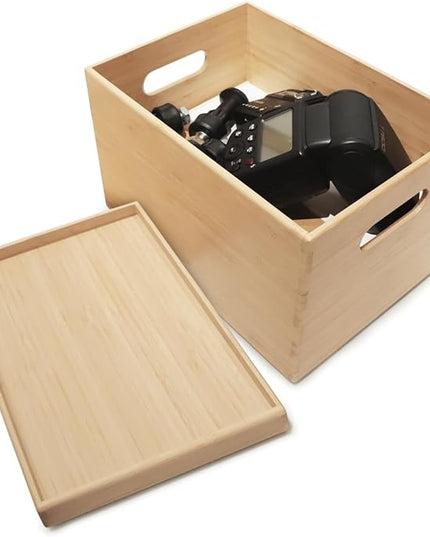 BAMOTTO Lidded Bamboo Storage Bins & Box/Cube/Basket, Home Kitchen and Office Storage Boxes with Handles & Stackable for Organizer Tableware, Clothing, Toys, Office Shelf Books, 10.2”x7.3”x6.5”
