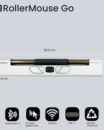 Contour Design Rollermouse Go - Portable Wireless Roller Mouse for Carpal Tunnel Relief, Compact Mouse with Bluetooth & USB, Ambidextrous 5-Button Design, Lightweight Aluminum, Mac & PC Compatible