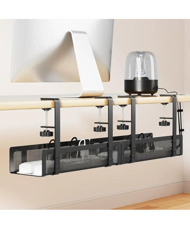 [Upgraded] 2 Pack Cable Management Under Desk Tray, Xpatee 27.6" No Drill Open Slots Cable Management Tray, Cord Wire Organizer Box with Clamp for Table Thickness up to 3" - No Desk Damage(Black)