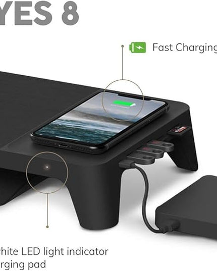 POUT E8 Wood Desk Monitor Computer Stand Riser Shelf + USB HUB + Qi Fast Wireless Charging Charger Pad Mat for Laptop, Apple, iMac, PC, iPhone, Samsung Galaxy, Airpod 2, Buds (Black)