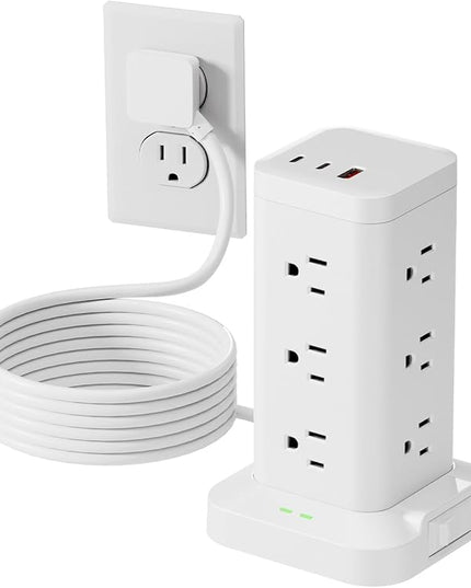 Power Strip Tower with Surge Protector 1800J, Fast Charging Tower PD20W USB-C Ports with 12 AC Outlets, 6ft Extension Cord for Home Office Dorm Room, White