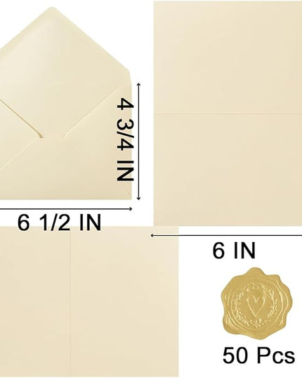 50 Pack Cream A6 Envelopes with Cards 4x6 Thick Folded Cardstock and Gold Stickers for Greeting Cards, Wedding, Birthday, Invitations, Baby Showers (Cream, 4x6)