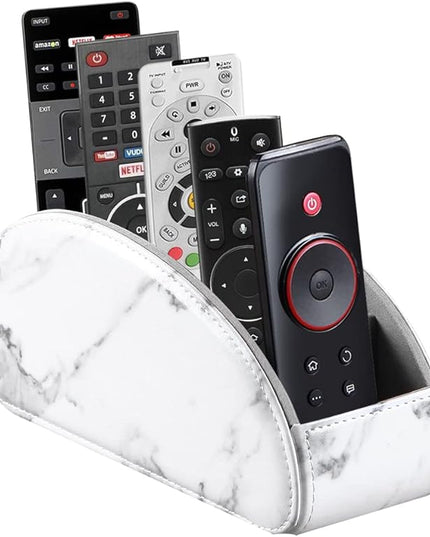Arnice PU Leather Remote Holder, Arc Shape Caddy Desktop Organizer with 5 Spaces for TV, DVD Remotes, Media Controllers, Pen, Pencil, Office Supplies (White)