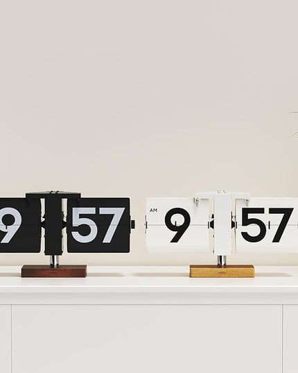 mooas Classic Modern Wood Big Flip Desk Clock (Black), Retro Vintage Analog Design Auto Flip Clock Table Clock Large Number Battery Powered, Ideal for Home Office School Hotel Café