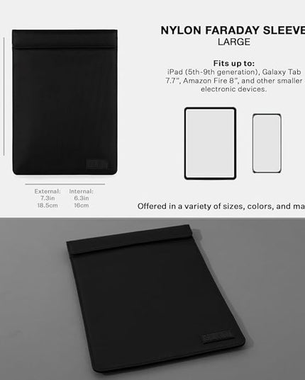 SLNT Faraday Bag Tablet Sleeve with Silent Pocket - Leather or Weatherproof Nylon, Signal Blocking Device Shielding for iPad, Samsung Galaxy Tab, Most Tablets for Travel, Privacy (Black Nylon, Large)