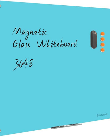 Magnetic Glass Dry Erase Board - White Board 48 x 36 Inch Wall Mounted Glass Whiteboard, Large Frameless Glass White Board for Wall Office, Home & School, Blue