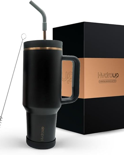 40oz Travel Tumbler Cup with Handle, Two-Way Slider Lid, Stainless Steel Straw with Silicone Tip, Vacuum Insulated Water Bottle for Hot & Cold Drinks, Great Gifts for Mom (Black Gold)