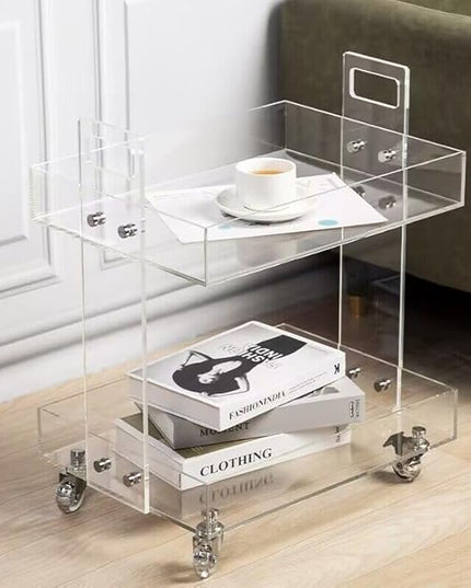 Clear Acrylic 2-Tier Rolling Cart – Modern Side Table with Wheels, Multi-Functional Storage Cart for Living Room & Bedroom, Mobile End Table or Movable Bedside Organizer