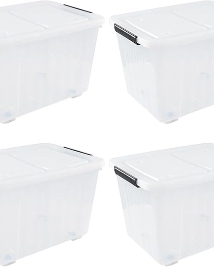 4-Pack 42 L Clear Plastic Storage Container Bin with Lids and Latch Buckle, Clear Storage Latch Box/Bin with Wheels