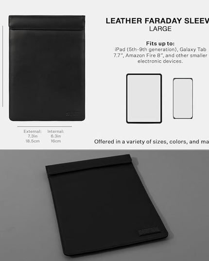 SLNT Faraday Bag Tablet Sleeve with Silent Pocket - Leather Signal Blocking Device Shielding for iPad, Samsung Galaxy Tab, Most Tablets for Travel Privacy (Black Leather, Large)