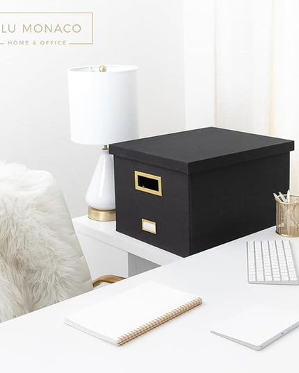 BLU MONACO Hanging File Box with Lid – Black Document Organizer | Portable Storage Box for Letter & Legal Size Paperwork | Stackable Engineered Wood File Organizer for Home or Office