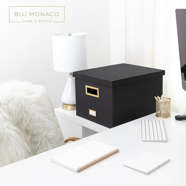 BLU MONACO Hanging File Box with Lid – Black Document Organizer | Portable Storage Box for Letter & Legal Size Paperwork | Stackable Engineered Wood File Organizer for Home or Office